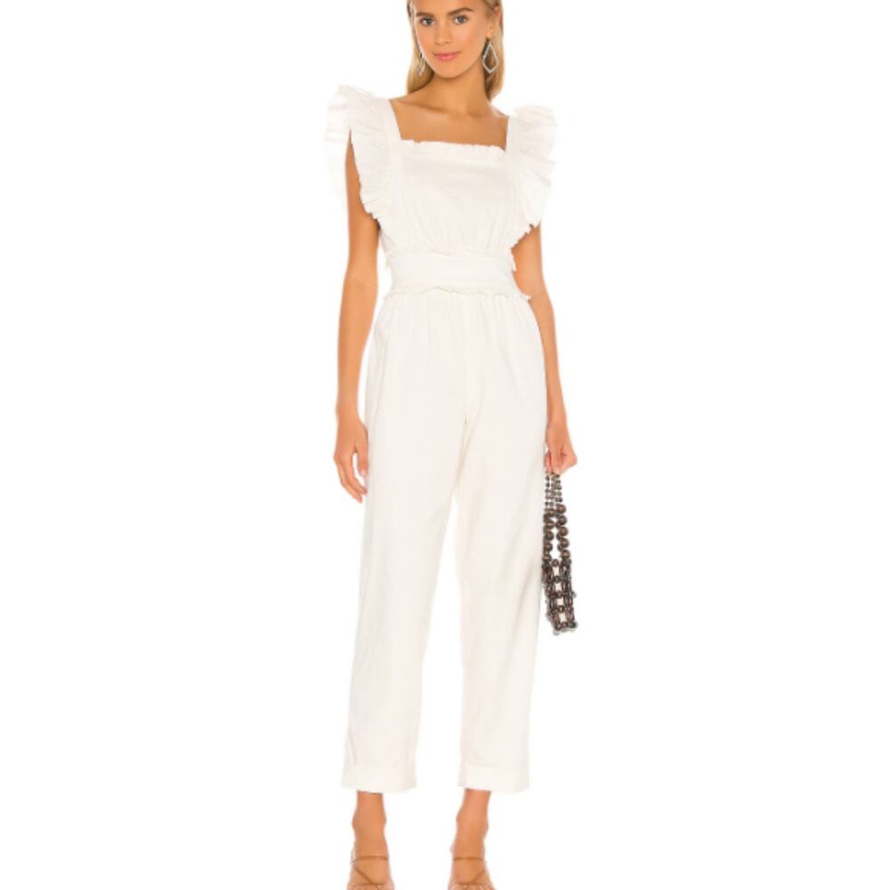 Tularosa Women's Ames Jumpsuit S Ivory Ruffle Trim Straight Leg Classic Workwear